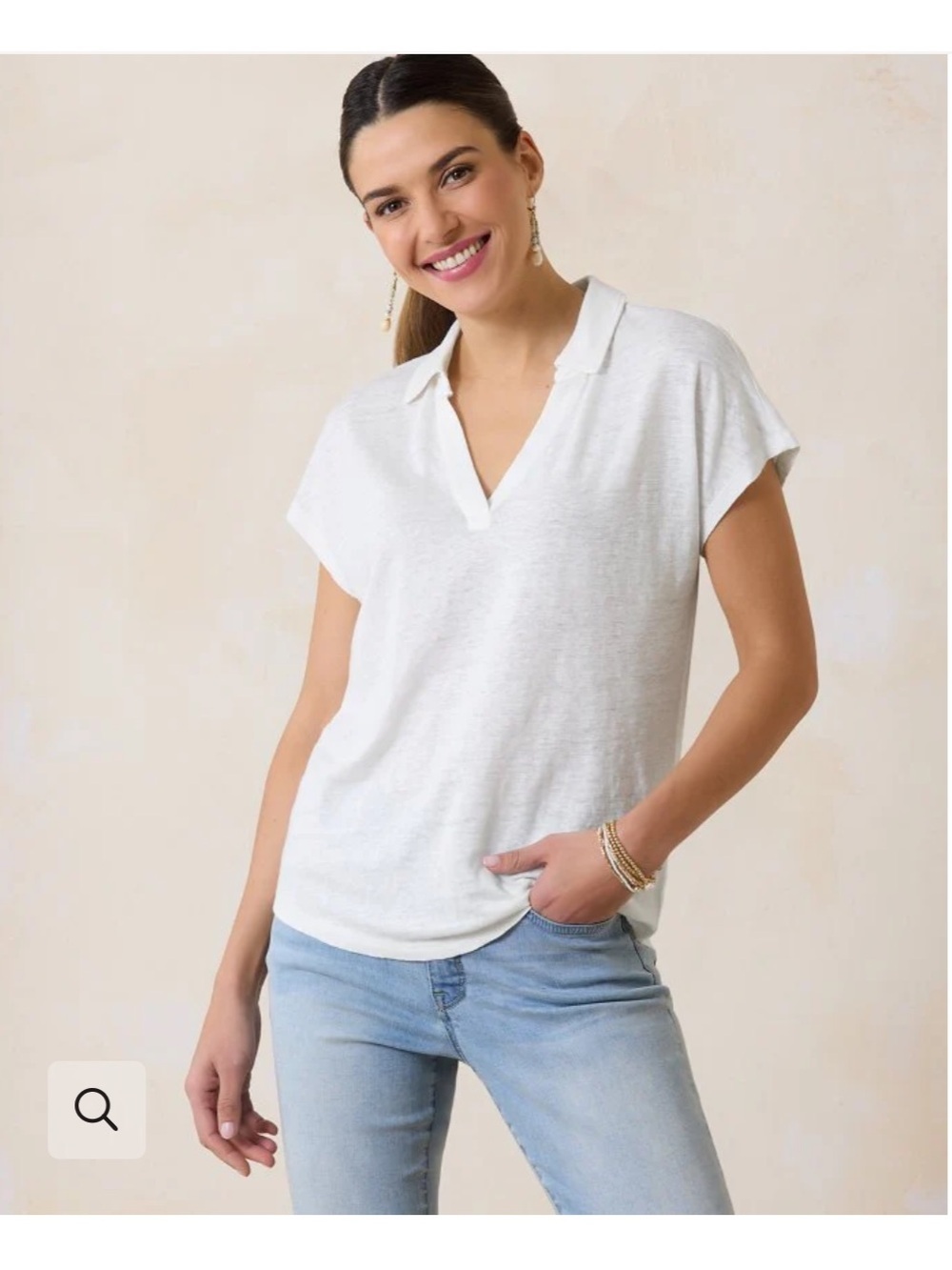 Tommy Bahama Women’s Linnea Johnny Collar Short Sleeve Linen Tee M White